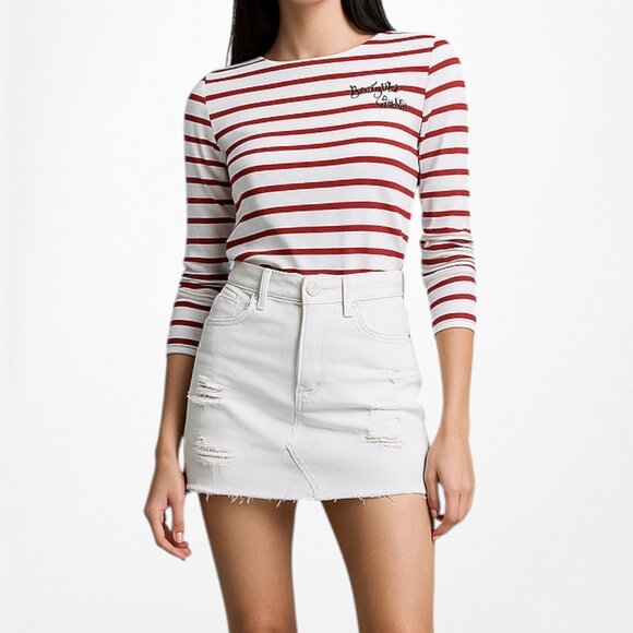 White Red Striped Long Sleeve Crewneck Pullover Top Size XS/S - Picture 2 of 7